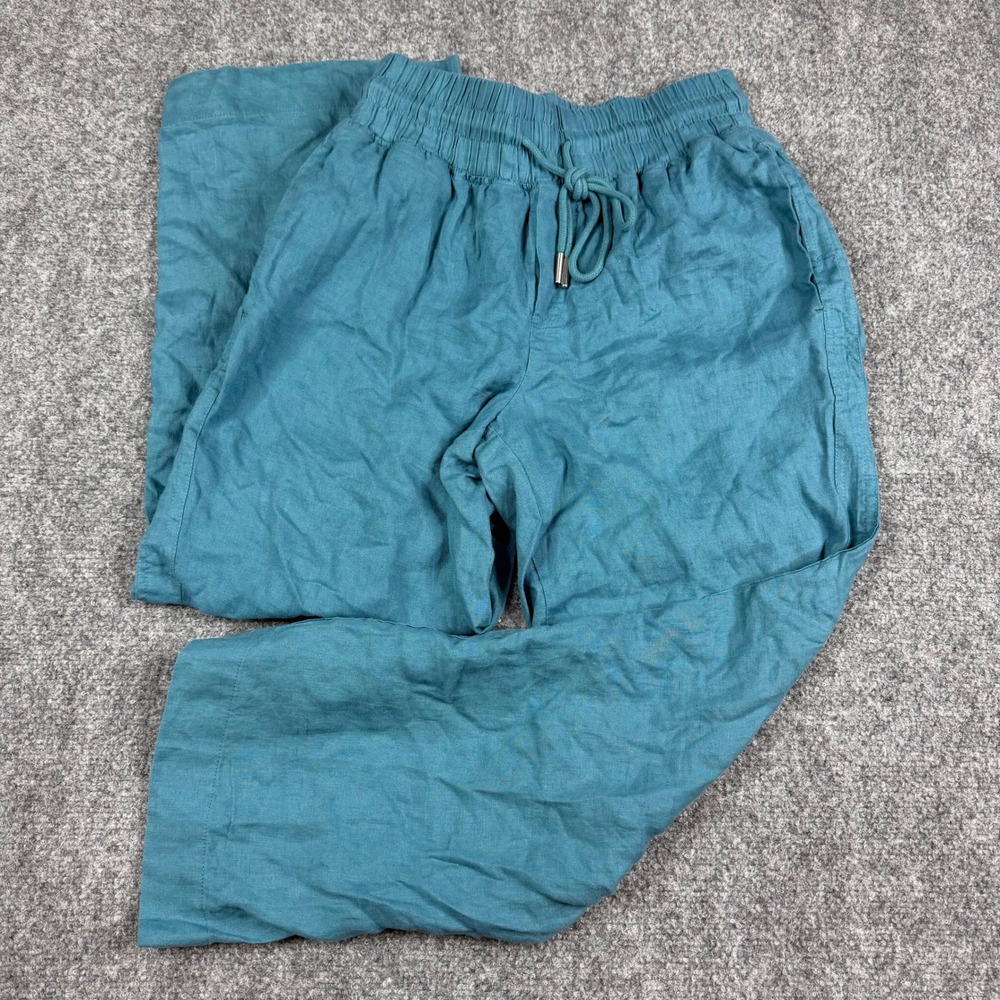 Quince Linen Wide Leg Pants Womens Small Teal Blue Drawstring Relaxed